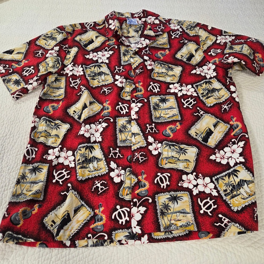 Island Motion Hawaii Mens XL Red Tropical Aloha Shirt Cotton Made in Hawaii